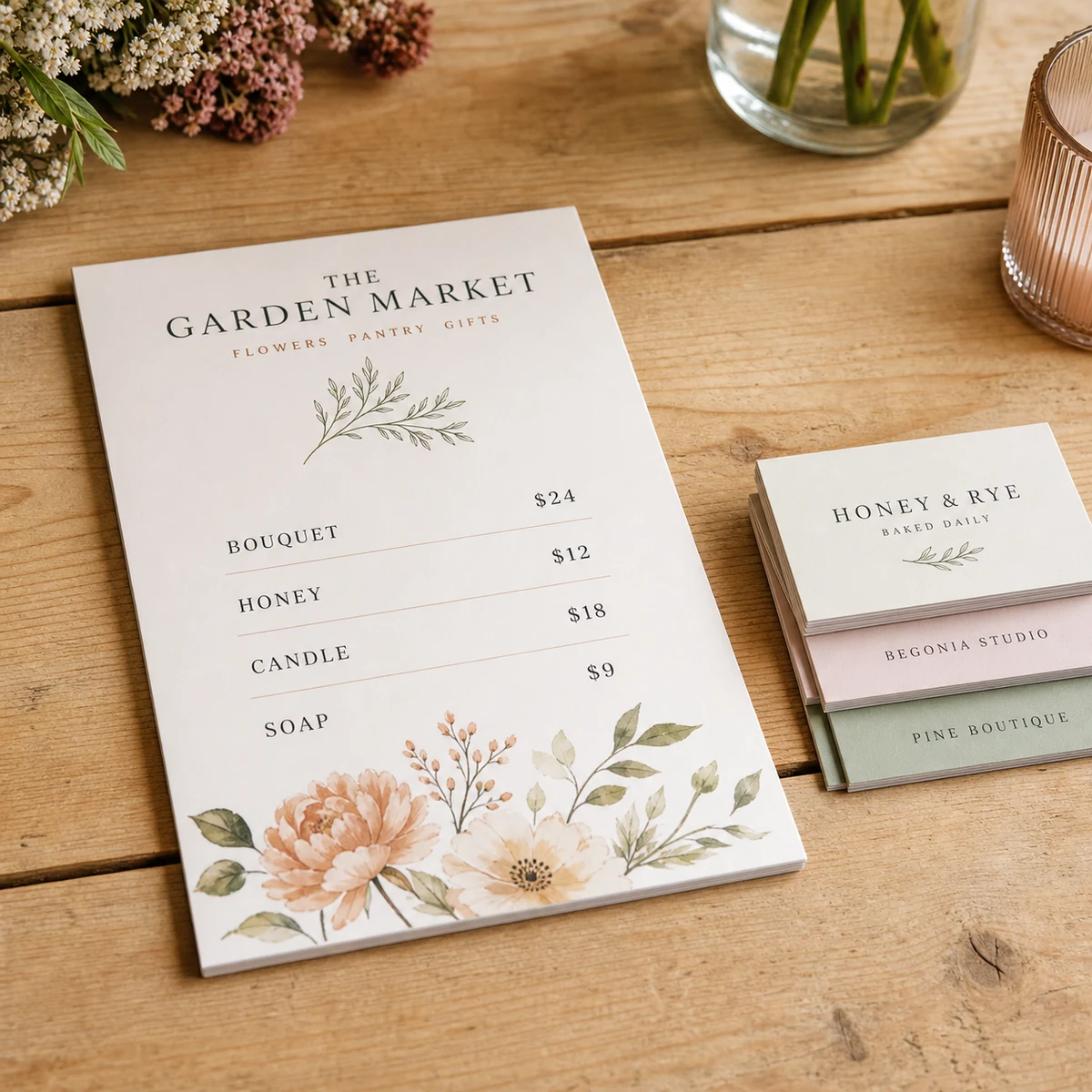 Flat lay of a glossy A5 market-stall flyer beside a stack of 300gsm matte laminated business cards with a logo on a light timber stall table
