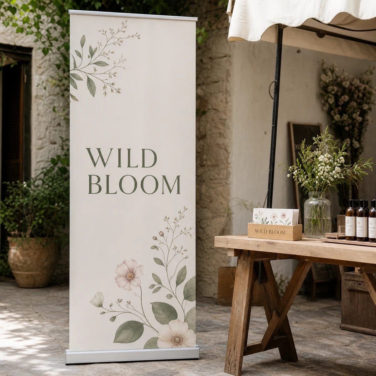 A wooden market-stall display with a full-height pull-up banner on a flat aluminium cassette base behind branded business cards in a card holder, soft natural morning light