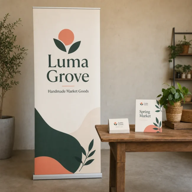 A coordinated market-stall print kit on a light surface, a pull-up banner on a flat aluminium cassette base, a stack of matte business cards and a glossy A5 flyer, all in one consistent brand design