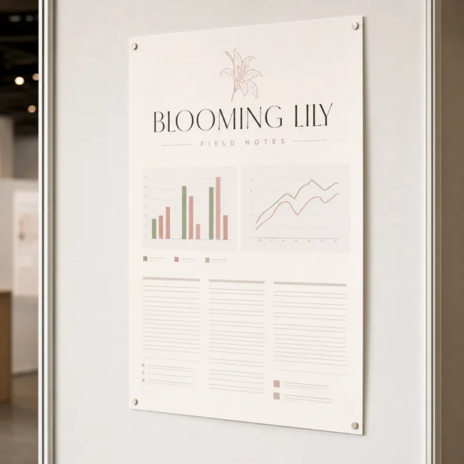 A1 portrait research poster pinned on a clean white exhibition board at a conference, a bold legible title band above muted abstract chart blocks and columns of fine body text