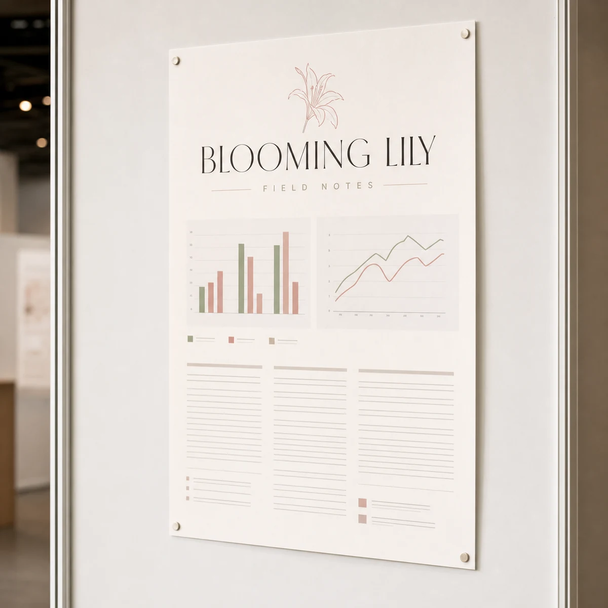 A1 portrait research poster pinned on a clean white exhibition board at a conference, a bold legible title band above muted abstract chart blocks and columns of fine body text