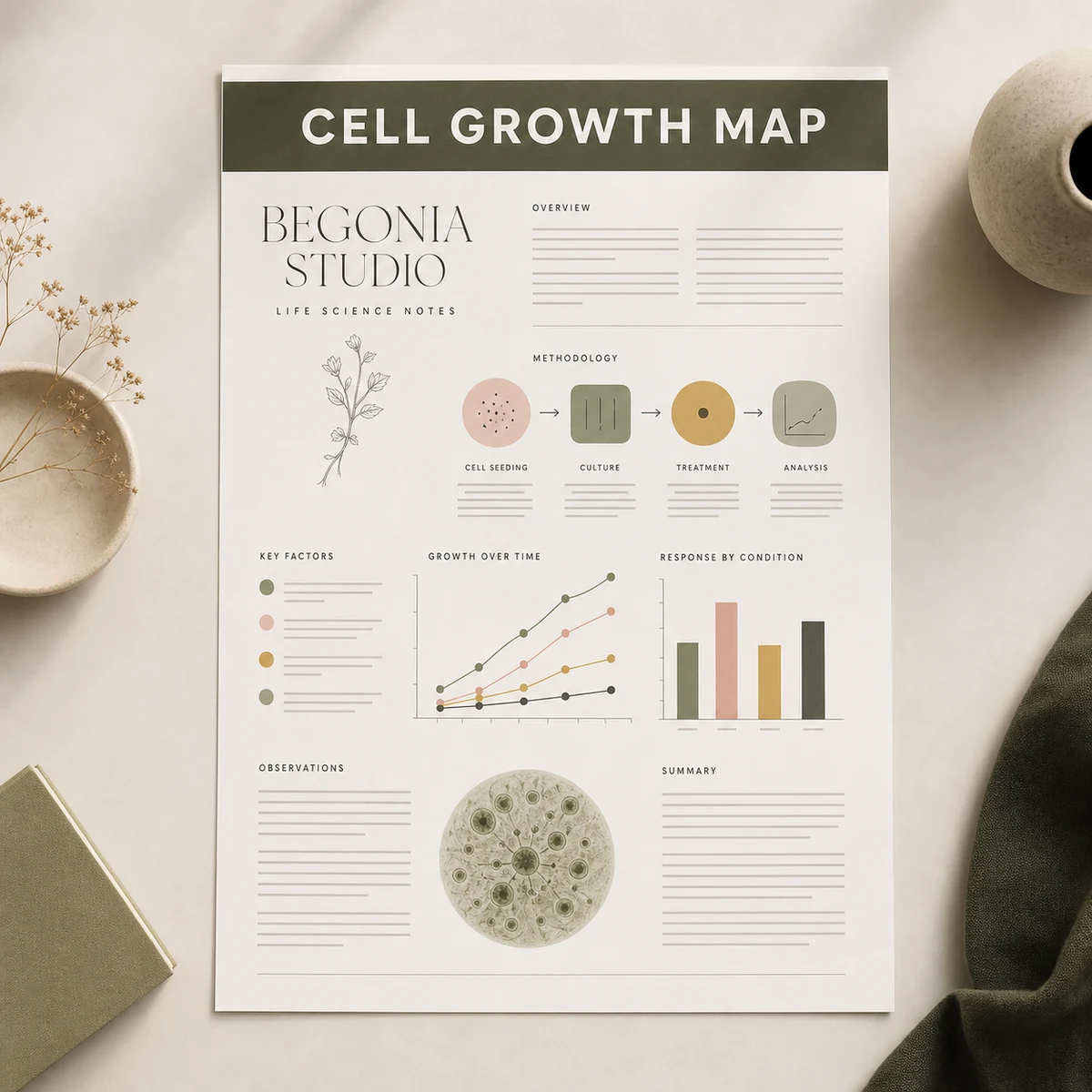 Overhead flat lay of a printed A1 conference poster on satin synthetic stock, a life-sciences layout with a short title, a methodology diagram and results chart blocks
