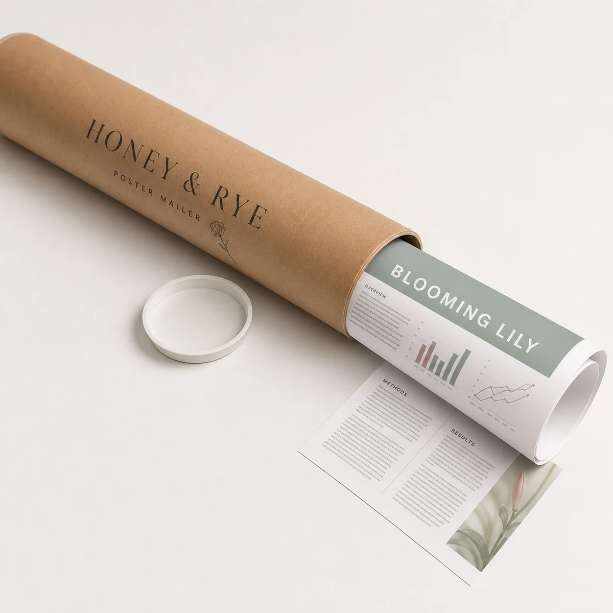A rolled A1 poster sliding out of a slim standard kraft postal mailing tube leaning against a clean wall, the round end cap beside it, ready for conference travel
