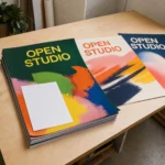 A neat stack of A2 poster prints on a light timber surface showing a range of vibrant boutique designs, representing a medium print run