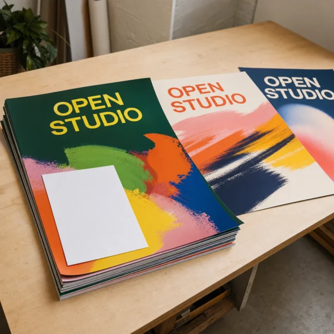 A neat stack of A2 poster prints on a light timber surface showing a range of vibrant boutique designs, representing a medium print run