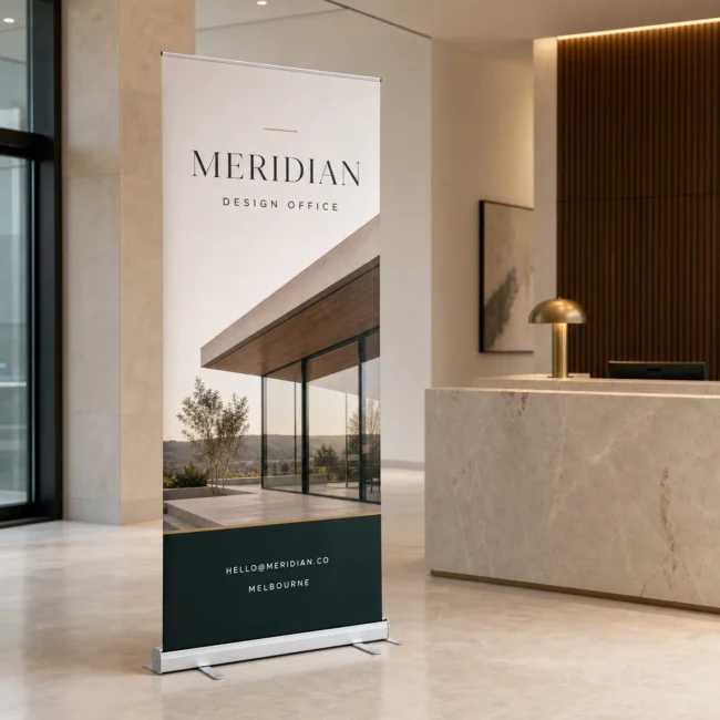 A premium pull-up banner in a conference setting with a clean MERIDIAN layout, logo at the top, supporting image in the middle and contact details near the bottom, on a flat brushed-aluminium cassette base