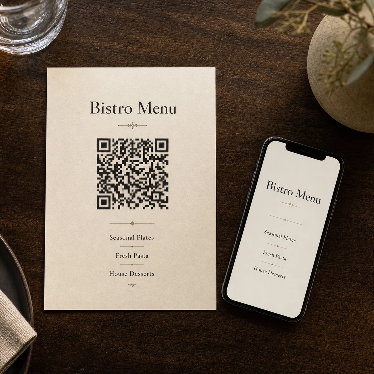 A flat A4 printed menu next to a smartphone showing a digital menu page, overhead, illustrating the physical-and-digital QR pairing