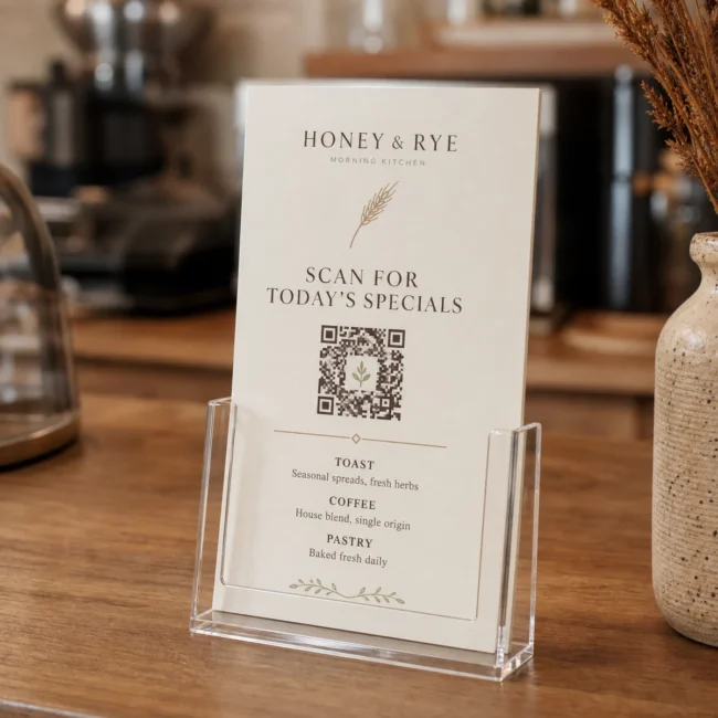 A DL printed menu in a clear acrylic counter holder on a cafe counter, a QR code in the lower third under a Scan for today's specials headline, warm cafe interior