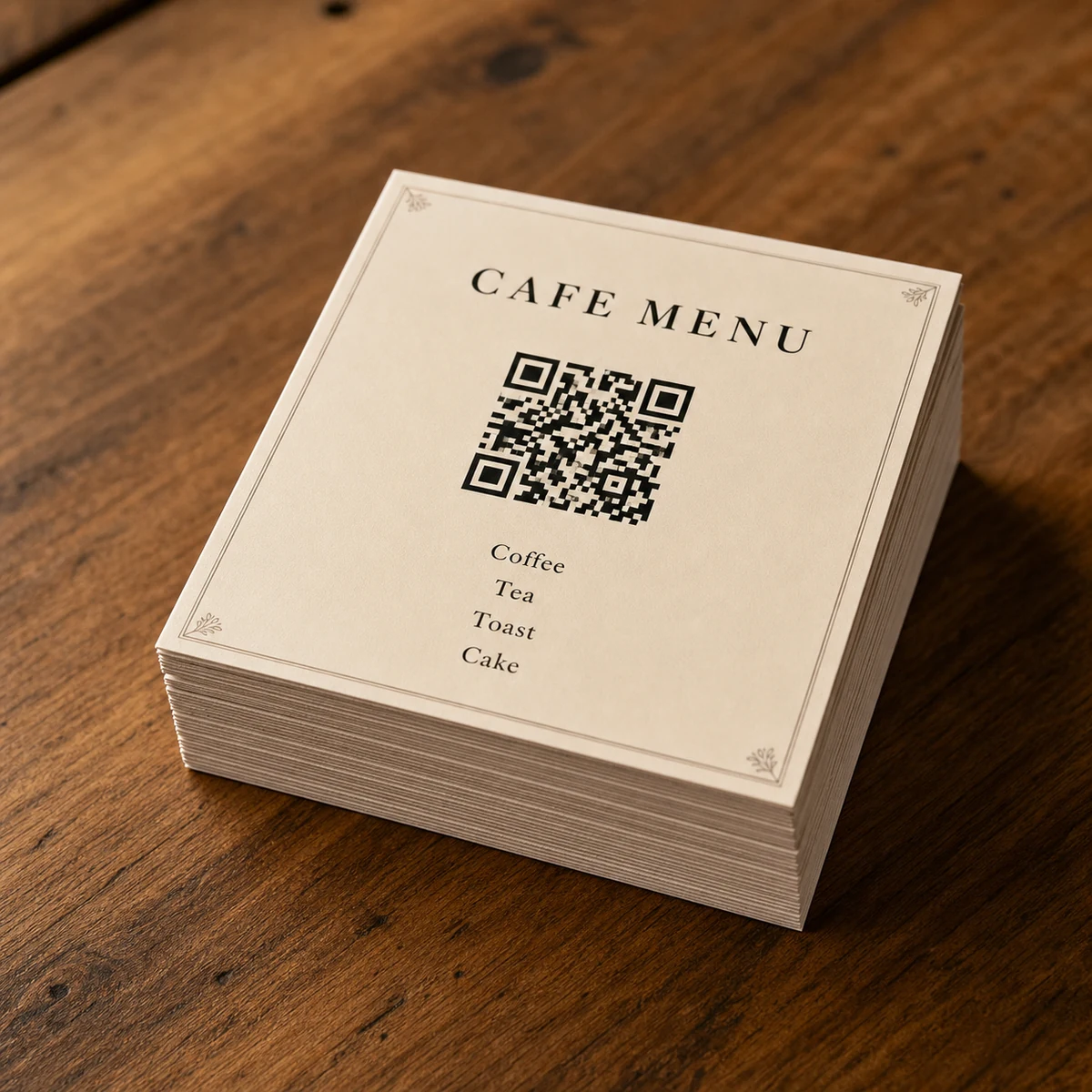 A stack of laminated A4 menus seen edge-on showing the 300gsm thickness and laminate sheen, clean product shot on a workbench