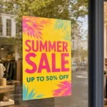 A vivid A1 SUMMER SALE promotional poster mounted flat and flush to a retail shopfront window, frameless, both bottom corners lying dead flat with no curl, street-level footpath view