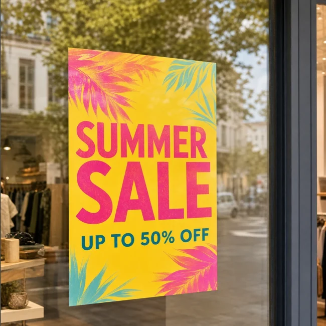 A vivid A1 SUMMER SALE promotional poster mounted flat and flush to a retail shopfront window, frameless, both bottom corners lying dead flat with no curl, street-level footpath view