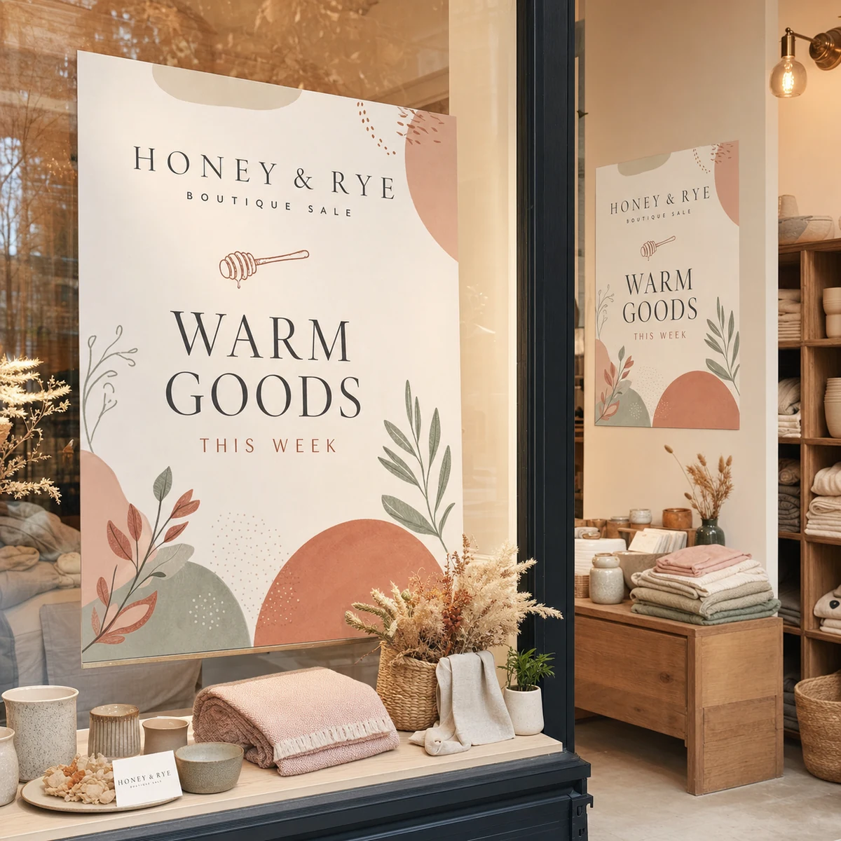 A retail boutique interior with a coordinated A1 window poster and an A2 wall poster from the same campaign, warm styling