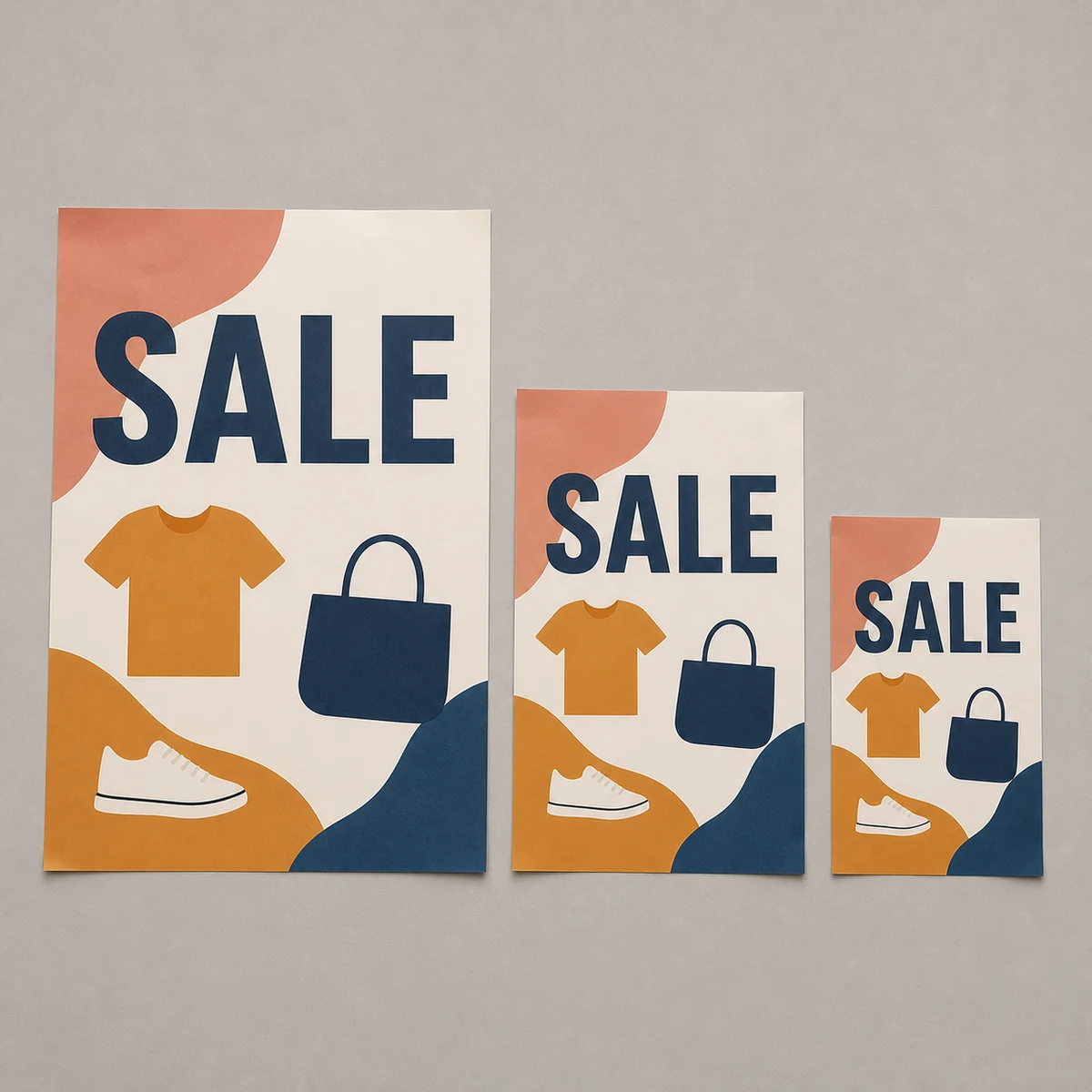 Overhead flat lay of A1, A2 and A3 retail promotional posters side by side on a studio surface showing the relative size difference between the formats