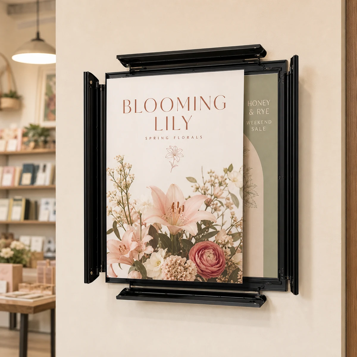 An A2 retail promotion poster sliding into a wall-mounted snap frame, the existing sale poster visible behind it, no people in shot