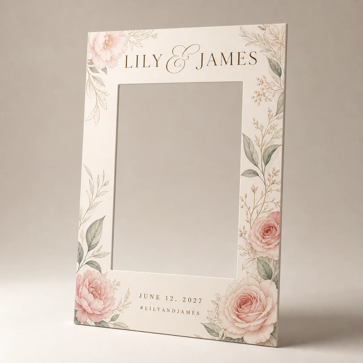 Close-up of a custom die-cut selfie frame in 5mm foamboard showing the clean router-cut centre window and crisp cut edge with a branded wedding design