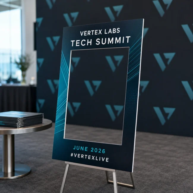 Custom die-cut selfie frame on an easel at a corporate expo activation with an open photo window and branded VERTEX LABS design, no people in shot