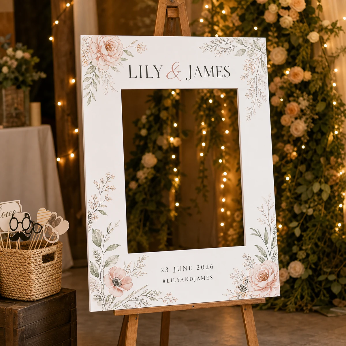 A custom selfie frame propped on an easel at an event photo-booth station with the open die-cut window facing the camera, warm indoor venue lighting