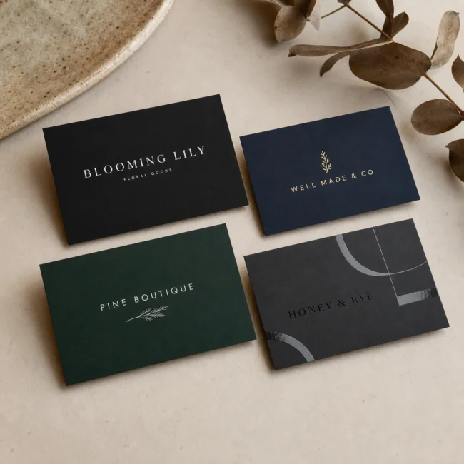 Overhead flat lay of four dark velvet soft-touch business cards, black with white type, navy with gold, dark green, and charcoal with a flush spot-UV element, eucalyptus prop