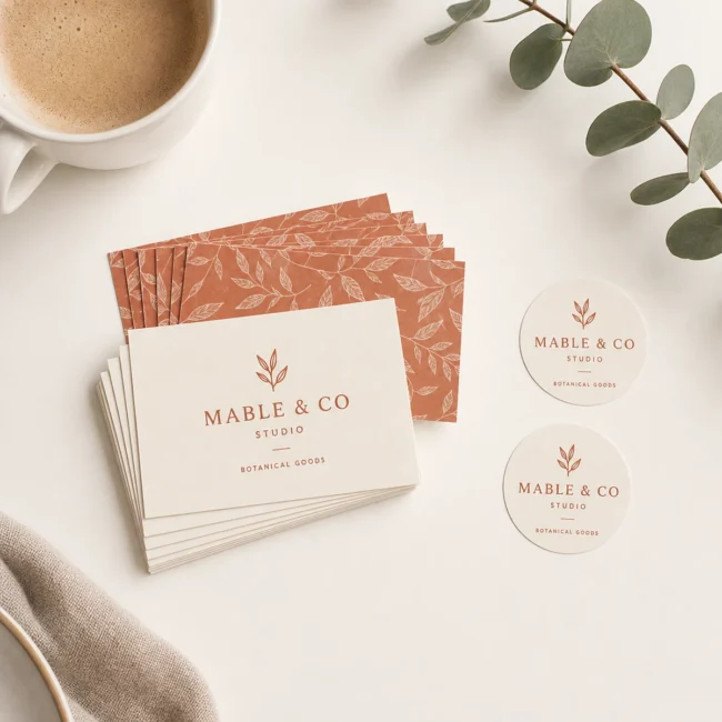 Overhead flat-lay of a new-business brand launch set on a clean white desk, a fan of landscape business cards beside two round circle stickers in a warm terracotta and cream MABLE AND CO identity, with a flat-white coffee cup and a sprig of eucalyptus