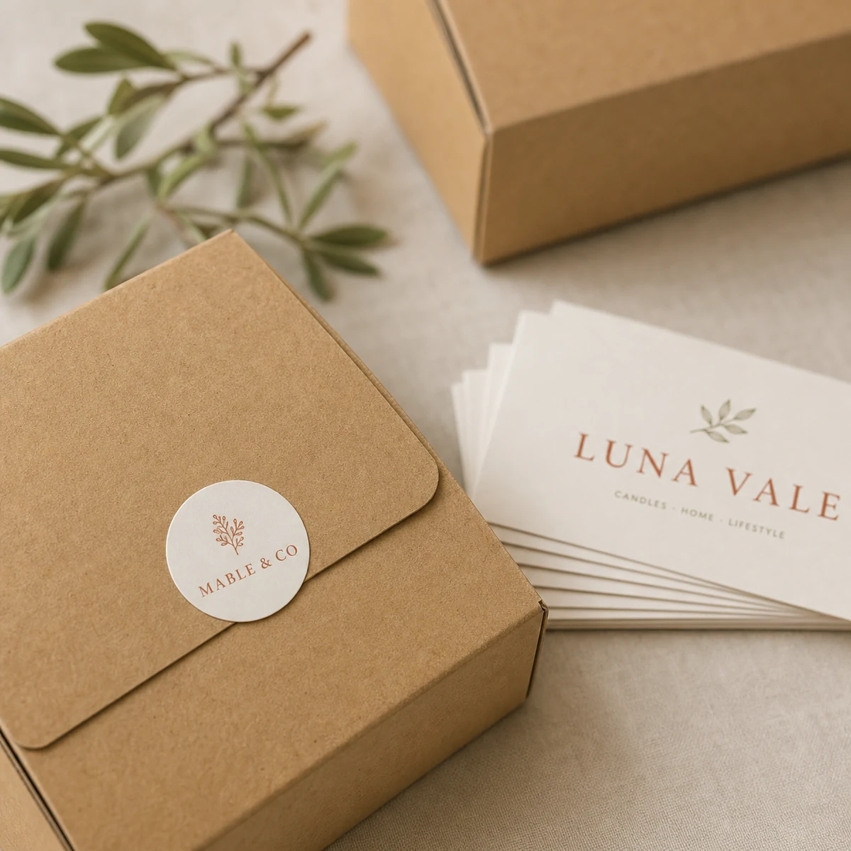 Close-up of a round circle sticker applied flat and smoothed onto the flap of a kraft mailer box, sealing it, the sticker showing a small leaf mark and a boutique brand name in terracotta on cream