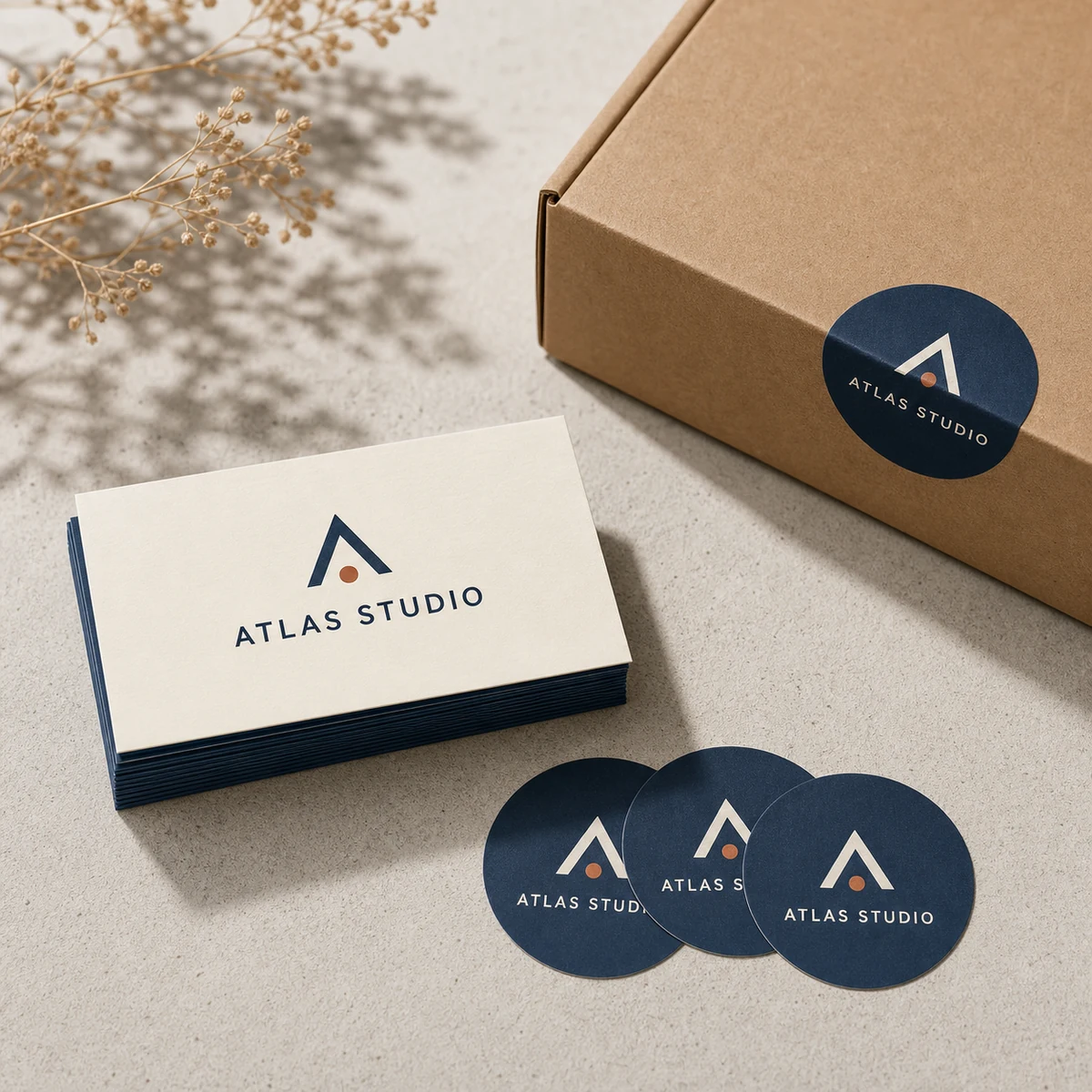 A fan of cream and deep-navy landscape business cards laid beside small round circle stickers on a pale concrete surface, showing one coordinated brand palette for a new business