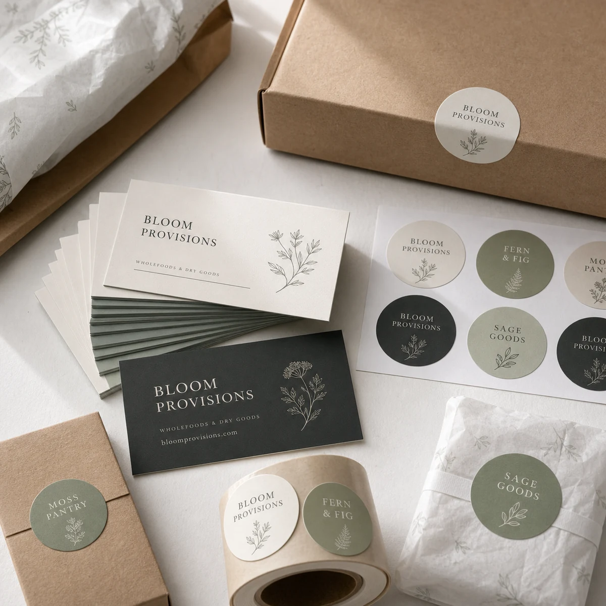 Overhead flat-lay of several round circle stickers in a coordinated boutique set with small botanical motifs, laid out on a white surface with kraft packaging pieces, showing sticker versatility for product packaging