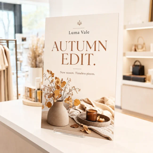 A printed A2 screenboard sign standing on a clean white retail counter in a bright modern store, carrying a bold full-colour AUTUMN EDIT promotional design, the thin rigid board with a smooth matte white face and crisp print