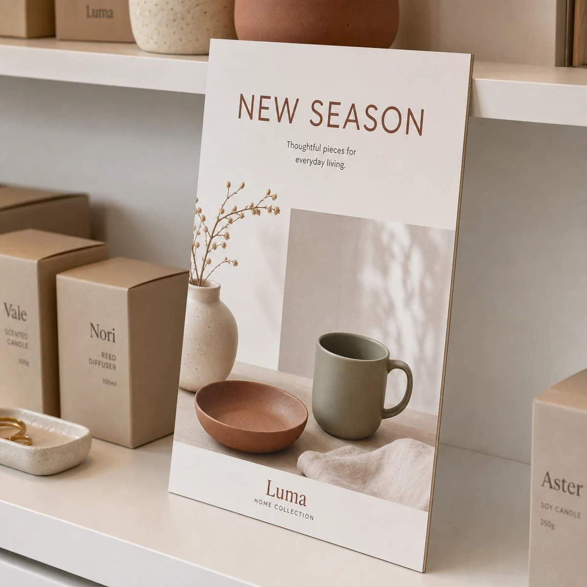 Close-up of a printed A3 screenboard sign leaning at a three-quarter angle against a white retail shelf so both the smooth matte printed face and the slim clean 2mm cut edge are visible