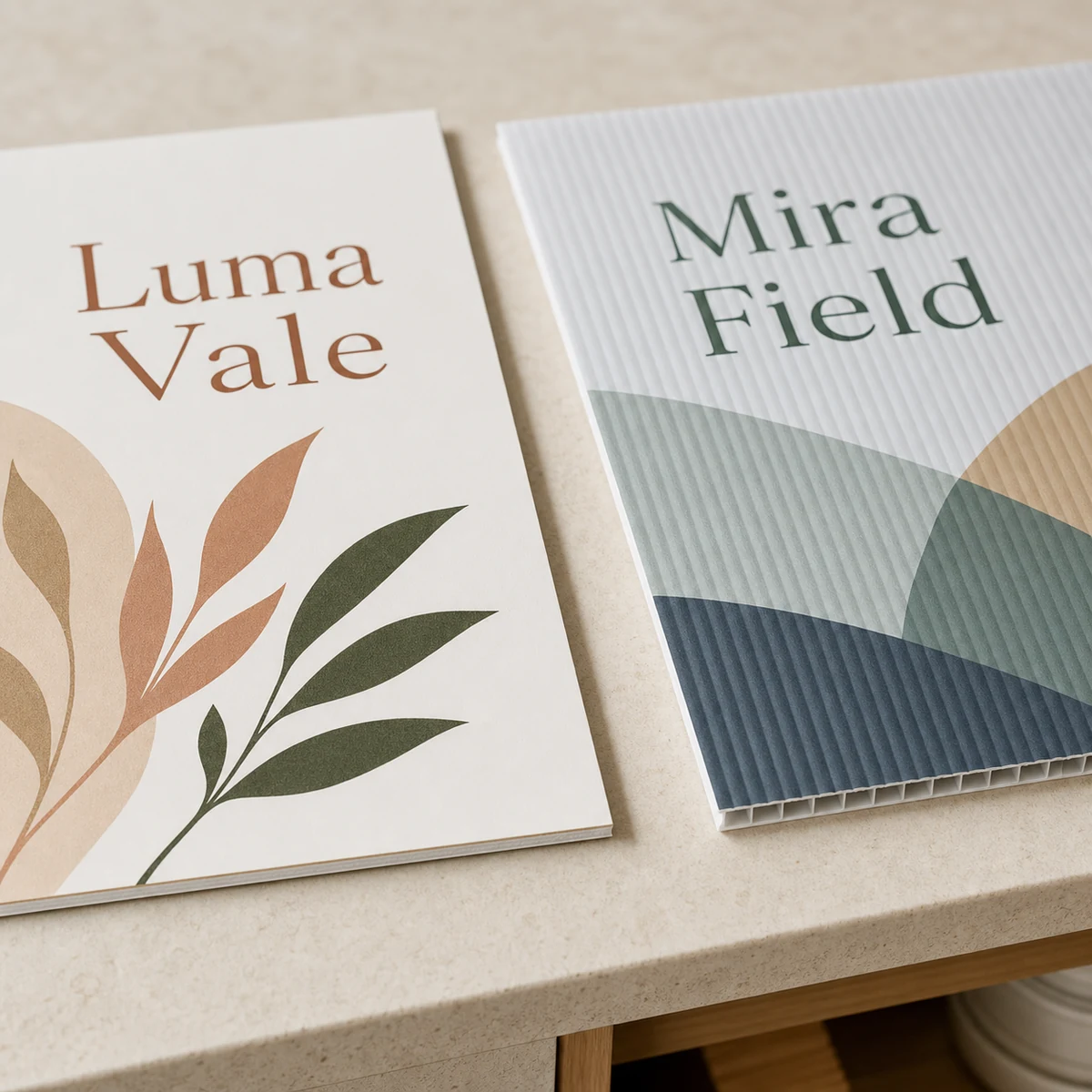 A side-by-side comparison on a pale studio surface, a smooth matte white screenboard sign on the left and a corrugated fluted-plastic corflute sample on the right, showing the surface-texture difference between the two materials
