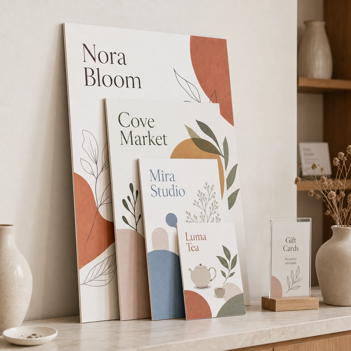 A neat stack of screenboard signs in graduated A-series sizes from A1 down to A4 leaning against a white studio wall, the matte white faces and slim 2mm cut edges visible along the stack