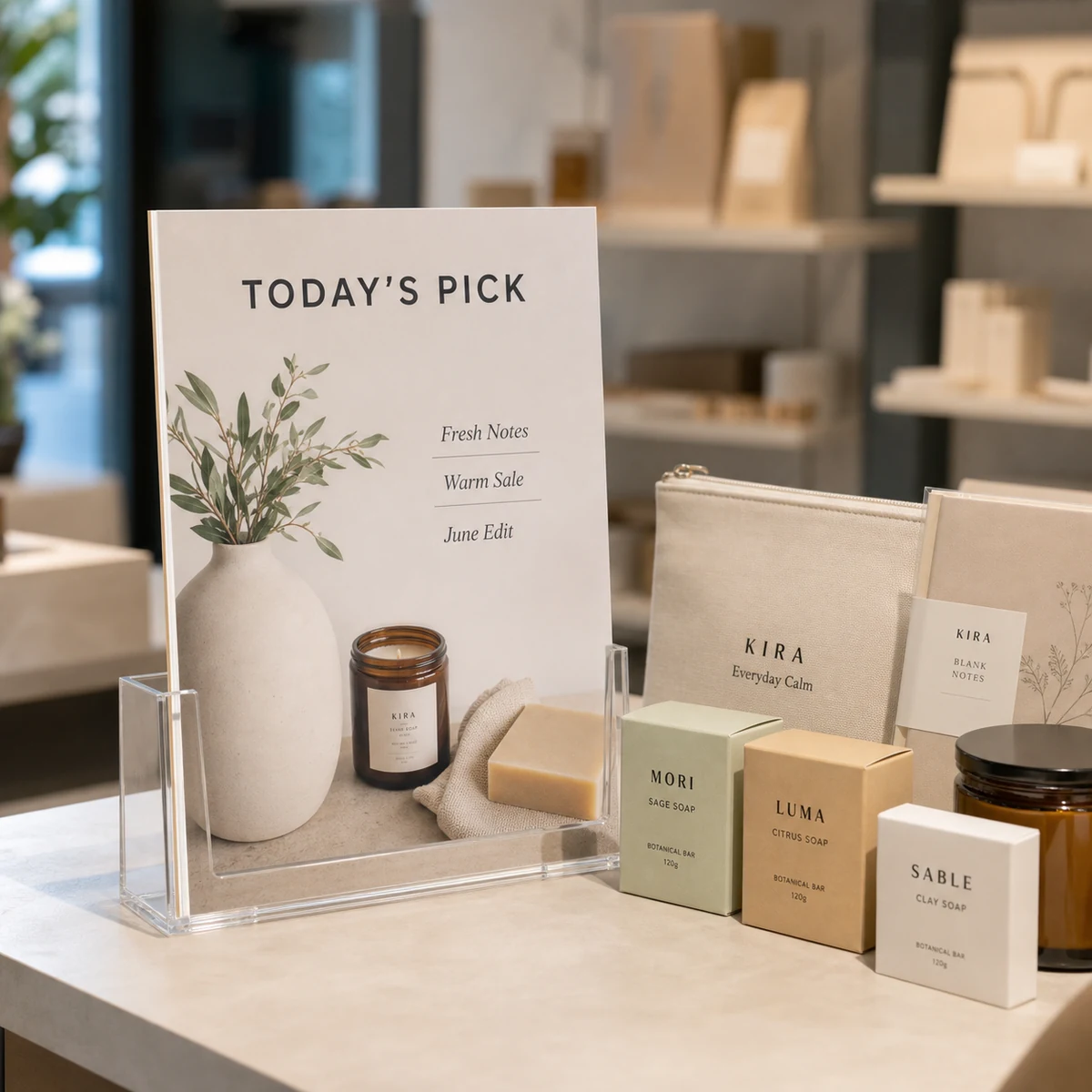 A bright retail counter display with an A4 screenboard sign standing in a clear acrylic holder beside a tidy product range, the sign carrying a full-colour promo