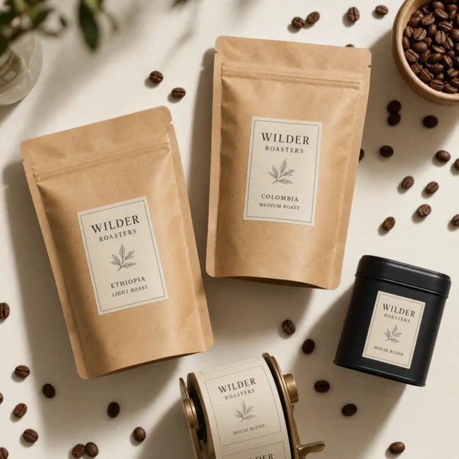 Overhead flat-lay of custom matte rectangle labels applied to two kraft coffee pouches and a small tin caddy, all sharing one specialty-coffee identity in charcoal on kraft with a small sprig motif, whole coffee beans scattered around