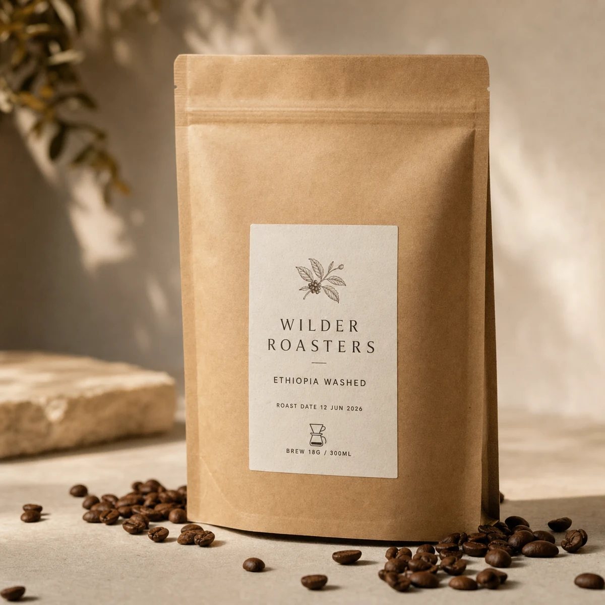 Close-up of a printed matte rectangle label on a kraft stand-up coffee pouch showing the roaster name, a single-origin line, a roast date and a small brew-guide icon, all crisply legible, with whole coffee beans at the base