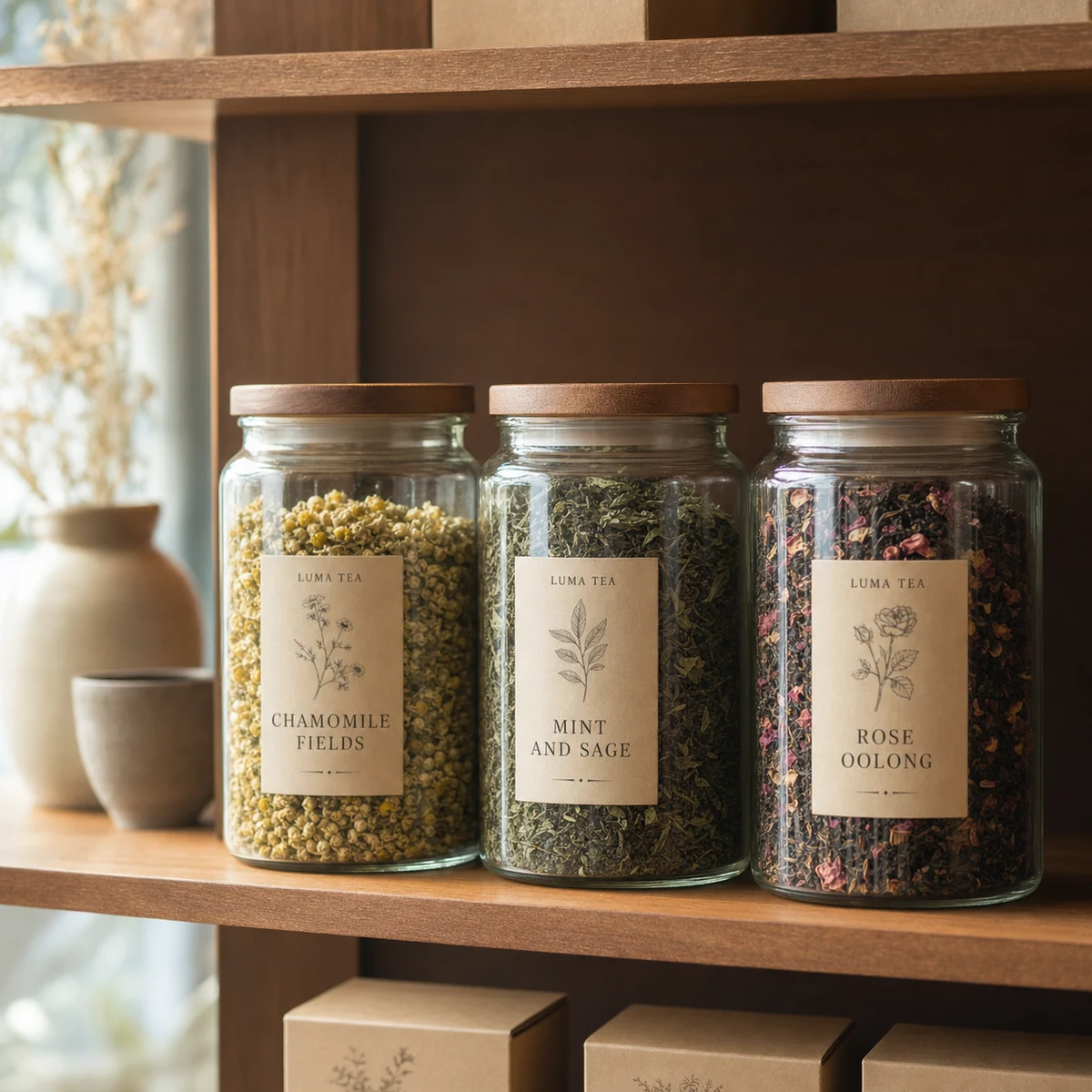 A row of glass jars with custom printed rectangle labels for botanical tea blends in a minimal serif typeface and a kraft-toned palette, each jar a different blend in one house style, on a warm timber retail shelf