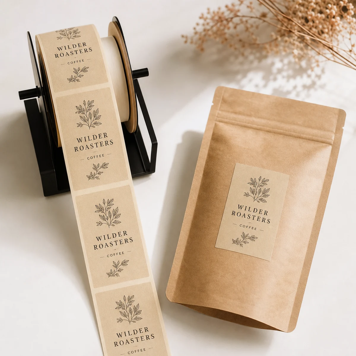A custom label roll wound on a dispenser spool beside a small kraft coffee pouch, the roll feeding a continuous strip of identical rectangle labels at one uniform orientation, showing the roll supply format