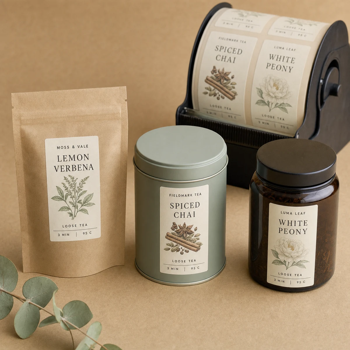 A flat-lay of three custom loose-leaf tea labels on a kraft background, each with botanical illustration artwork, a hand-lettered blend name and a minimal brew-guide section in a matte laminate finish