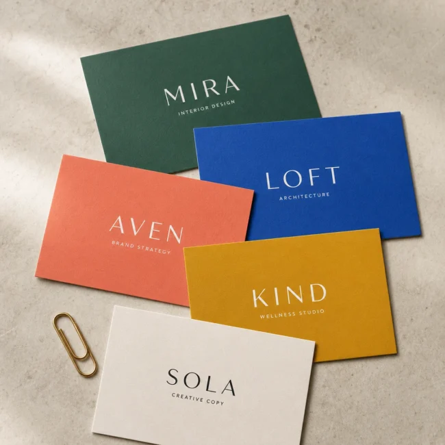 Overhead close-up flat-lay of premium standard business cards in rich brand colours, deep emerald, vivid cobalt, warm coral and mustard, fanned out on a light stone surface with crisp clean cut edges and vivid accurate print colour