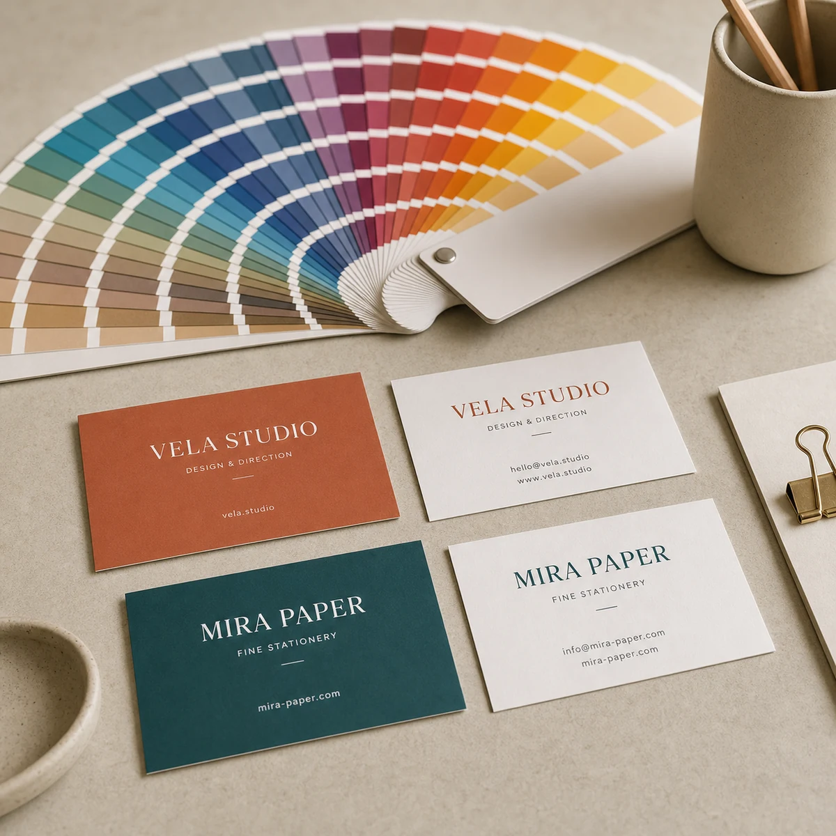 A Pantone-style colour swatch fan deck opened in an arc on a design desk beside a few printed business-card samples, the cards picking up two of the swatch colours as their brand colour