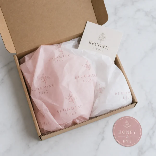 Overhead flat lay of branded blush and white tissue paper with a repeating logo pattern folded inside an open kraft mailer box beside a round sticker seal on marble