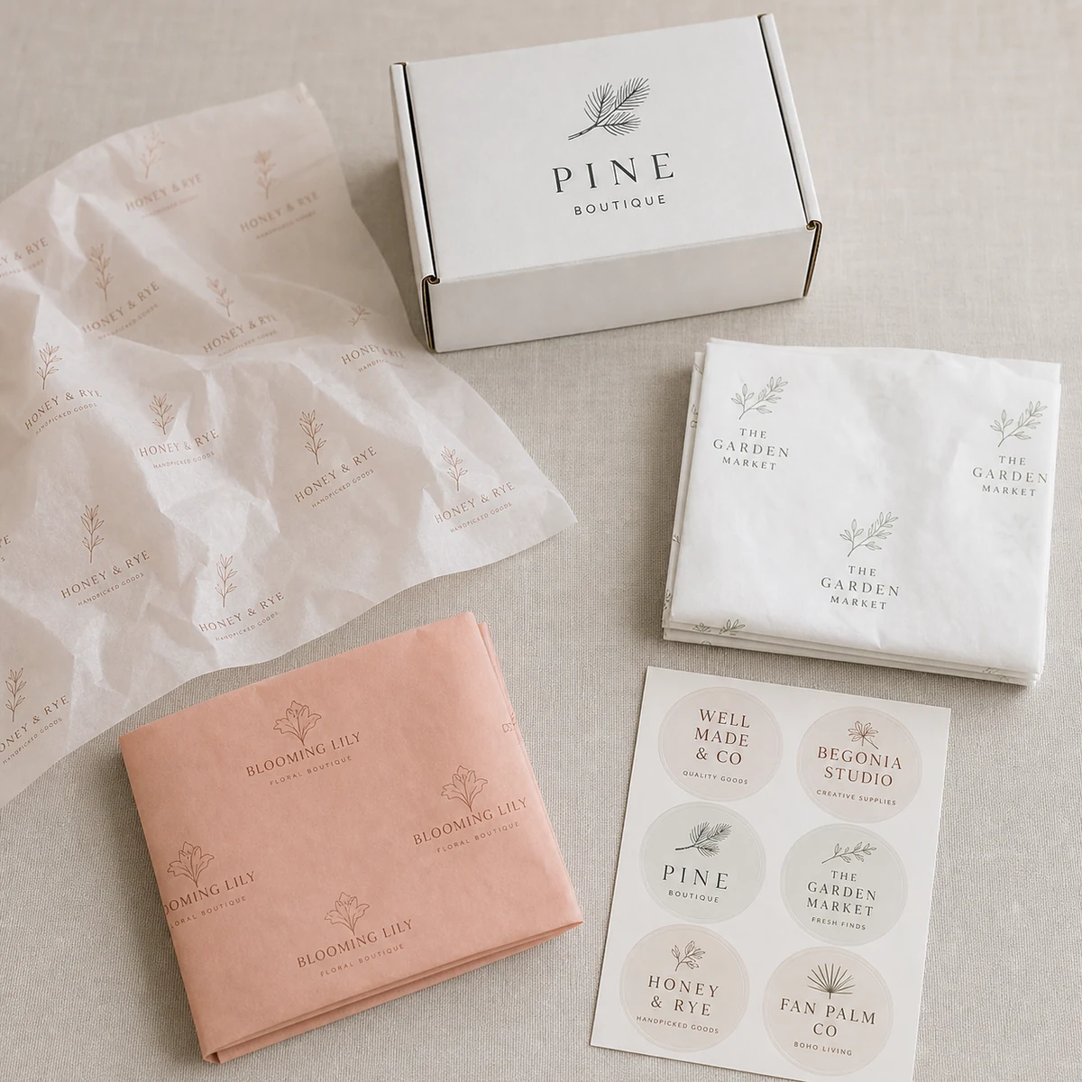 Overhead flat lay of a small-business packaging kit: folded branded tissue sheets, a sheet of round sticker seals and a small white mailer box on grey linen