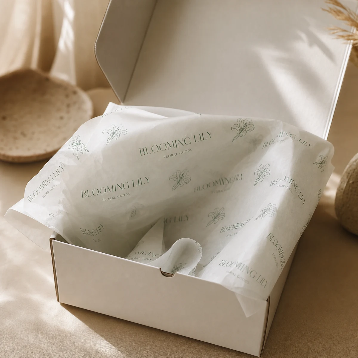 Branded sage and white repeat-logo tissue paper opening out of a small white mailer box in warm lifestyle light