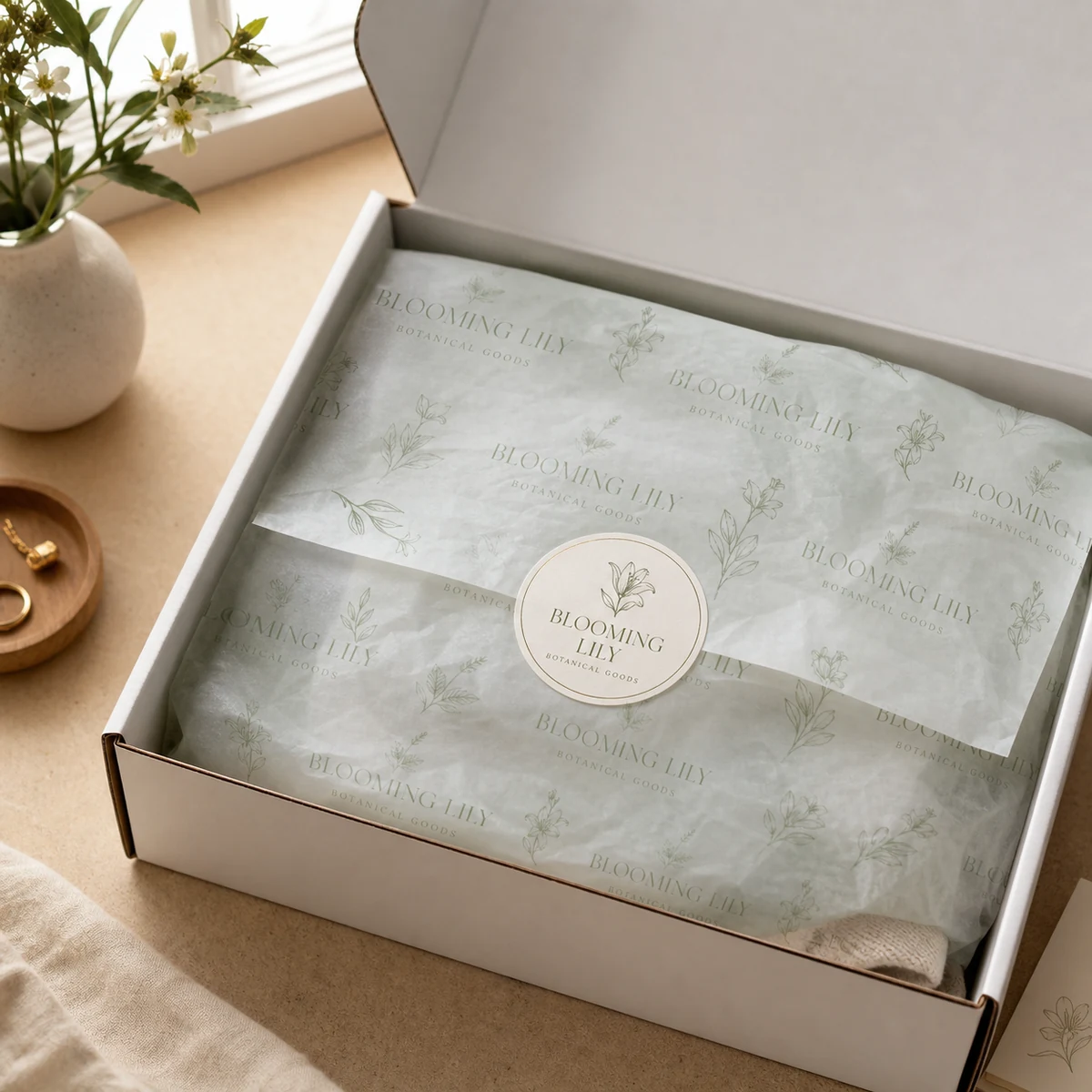 Styled ecommerce unboxing with sage and white botanical-repeat tissue paper in a mailer box closed by a round custom sticker seal in natural window light