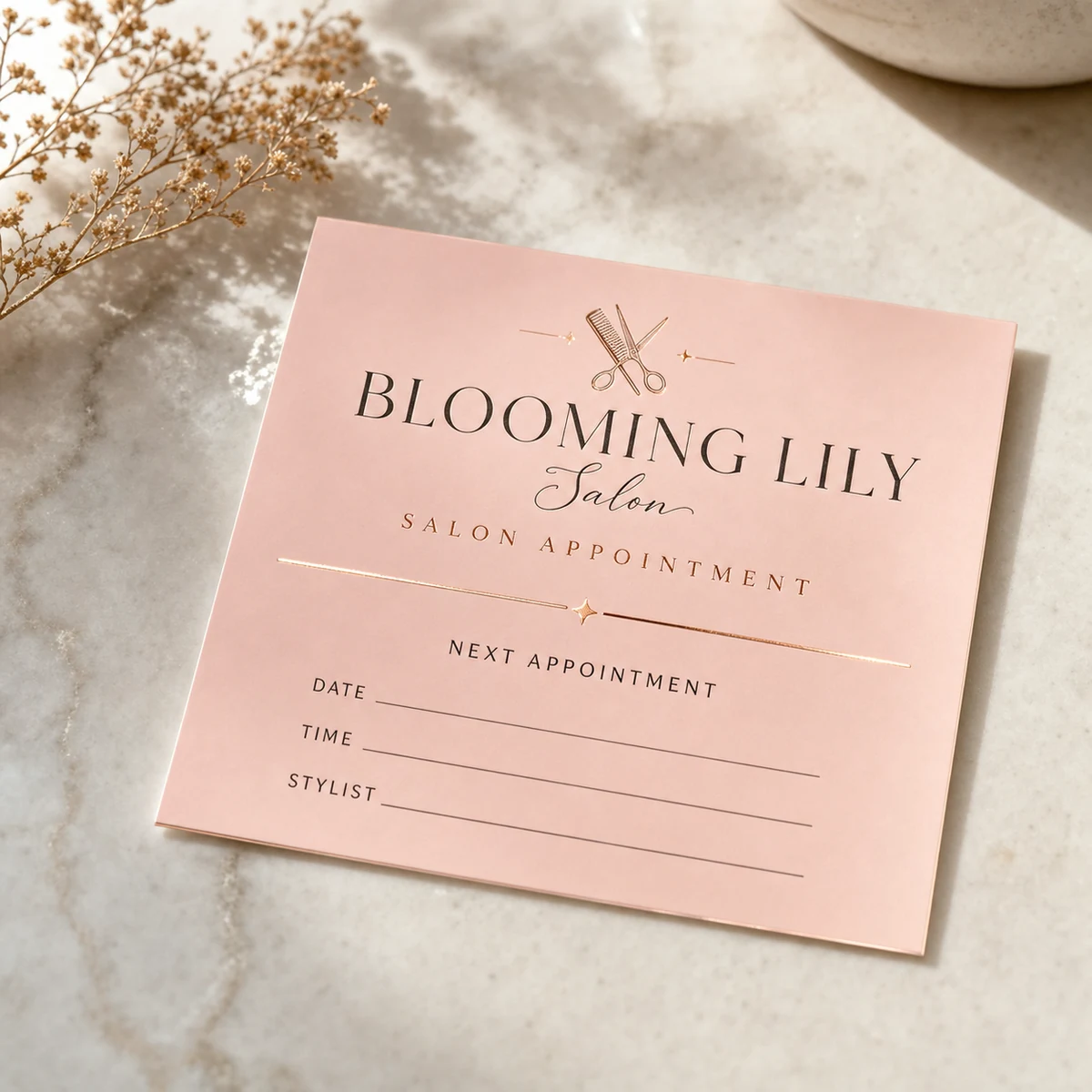 Salon appointment card, blush · 350gsm smooth stock · full-colour digital print · matte finish