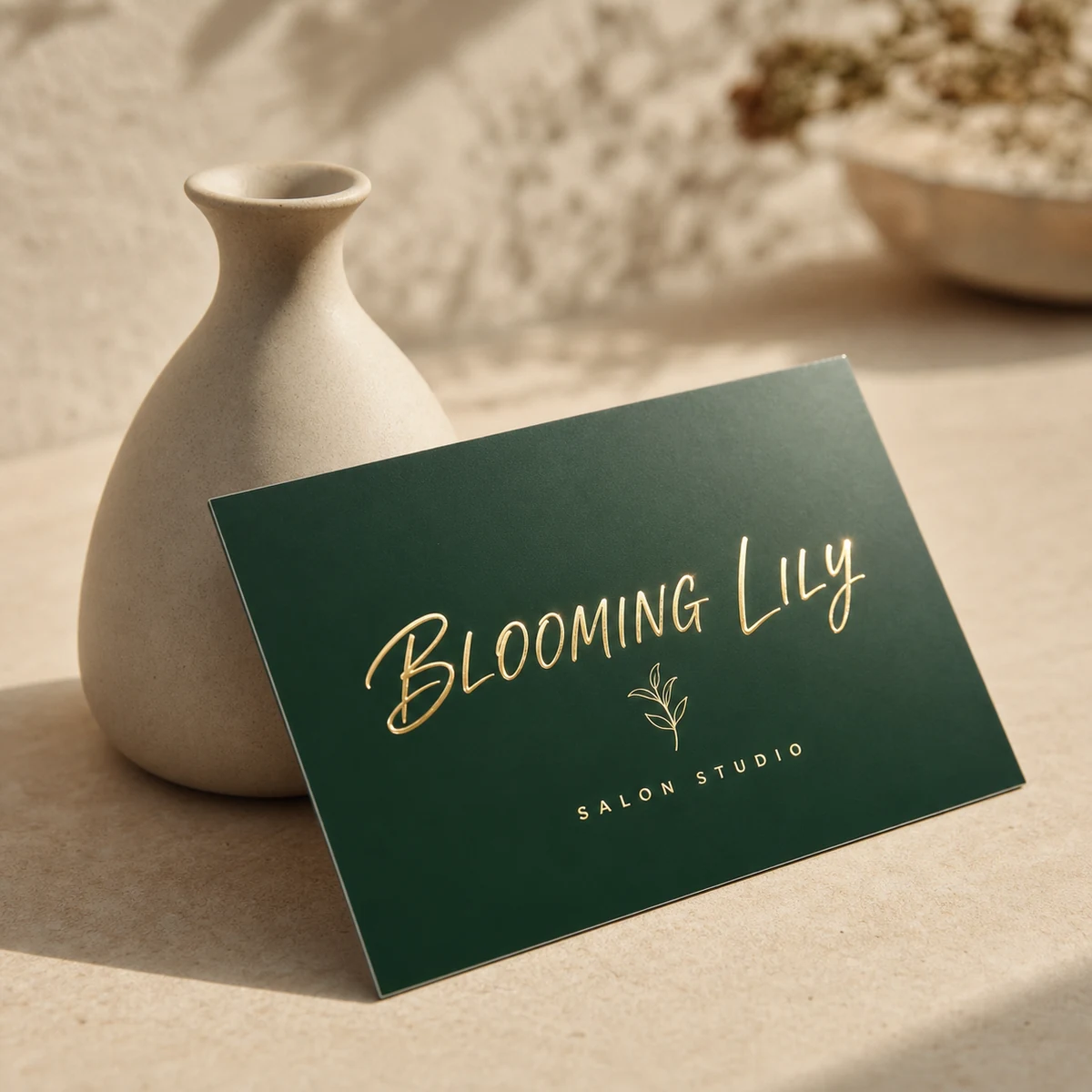Salon business card, emerald · 350gsm smooth stock · full-colour digital print · gold flat foil