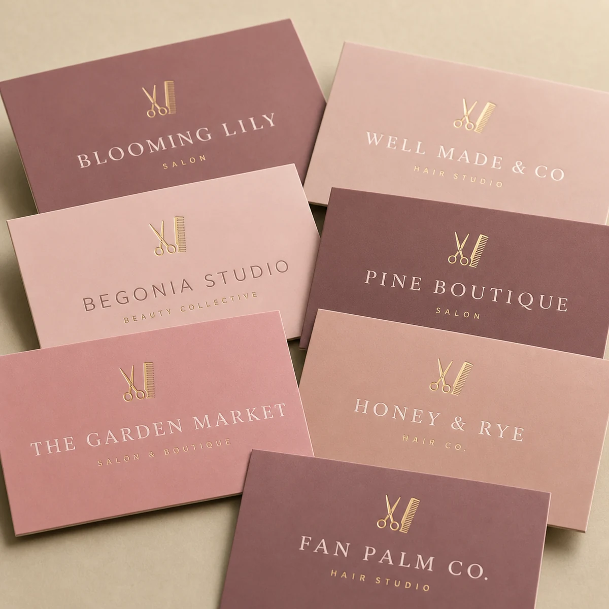 Salon business cards, dusty mauve · 350gsm soft-touch stock · full-colour digital print · soft-touch matte laminate