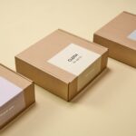 flat lay of branded online order packaging with die-cut logo sticker on a mailer bag, rectangle product label, swing tag on an artisan