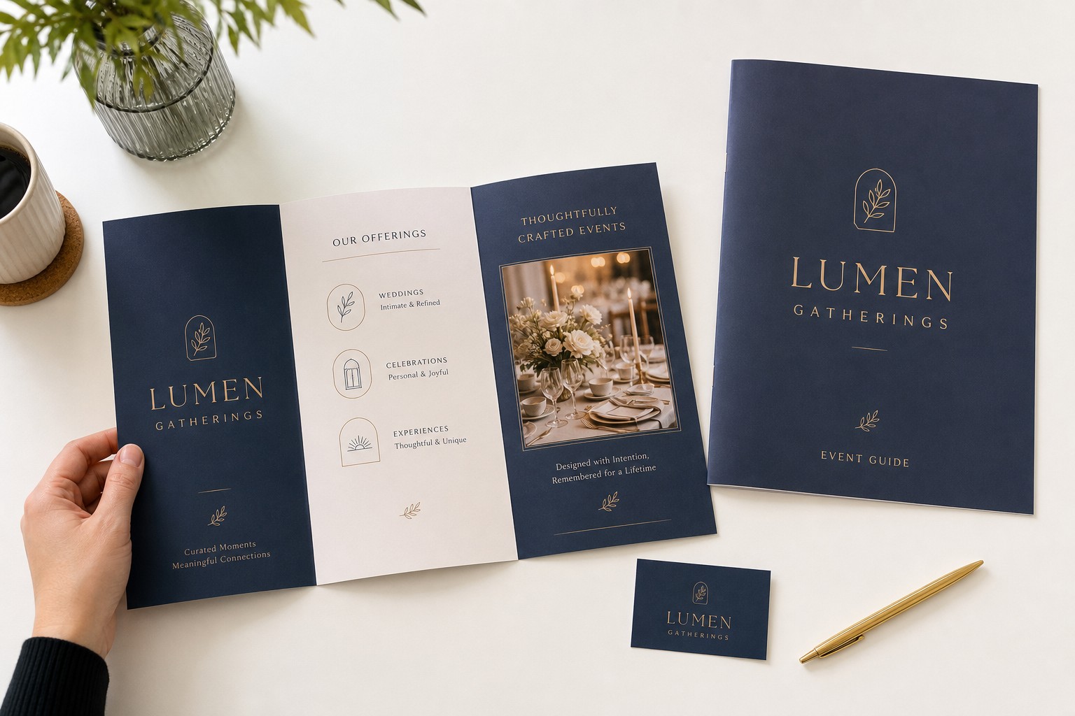 A flat-lay of a trifold brochure opened across a white desk next to a closed A4 booklet and a branded business card