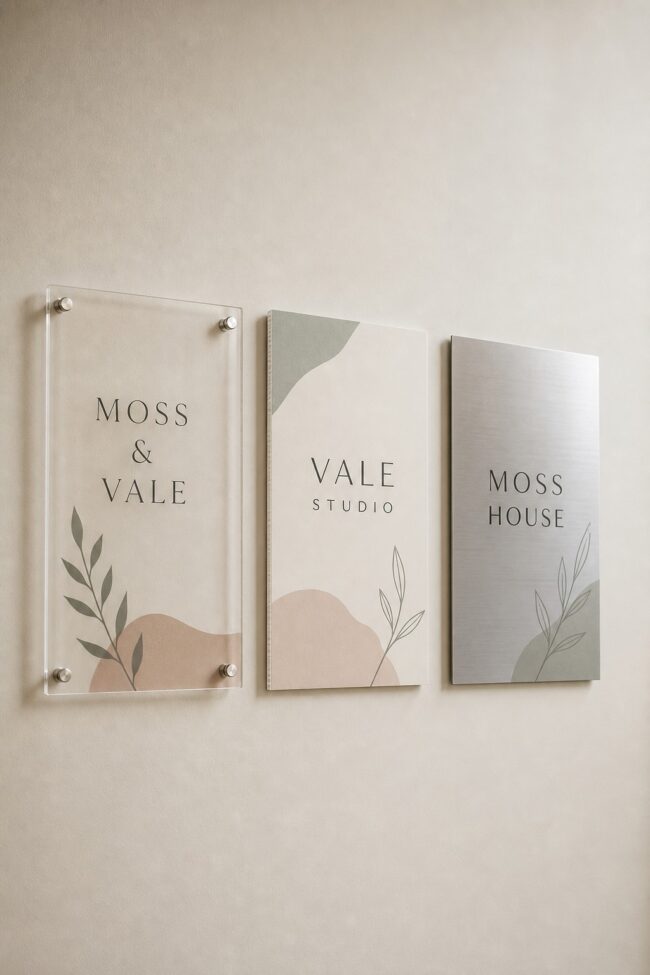 Acrylic, corflute and ACM panel signs compared · cast acrylic, fluted polypropylene and aluminium composite · full-colour digital print · clear, matte and brushed-aluminium finishes