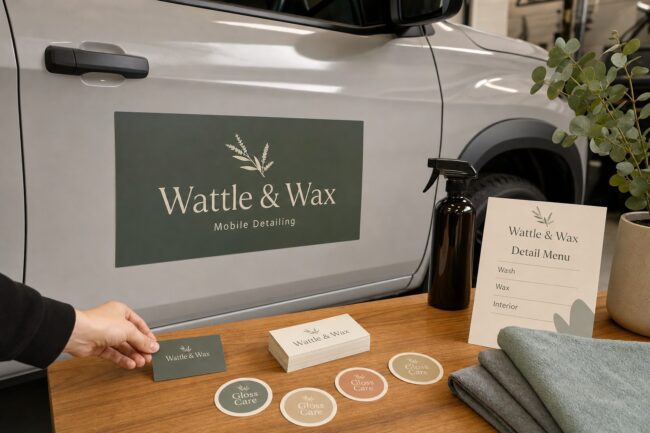 Automotive detailer print kit · magnetic sheet, card stock and vinyl · full-colour print · matte finish · one cohesive boutique detailing brand
