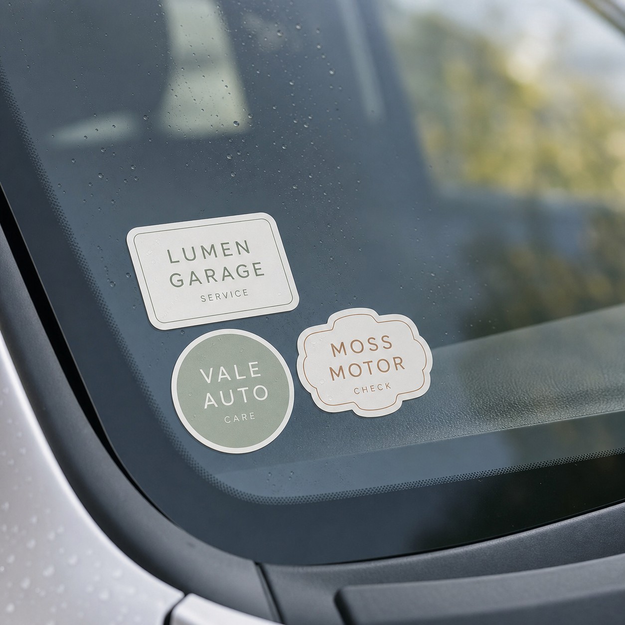 Service-reminder stickers · silver vinyl · full-colour print · metallic foil finish · rated 3-5 years outdoors